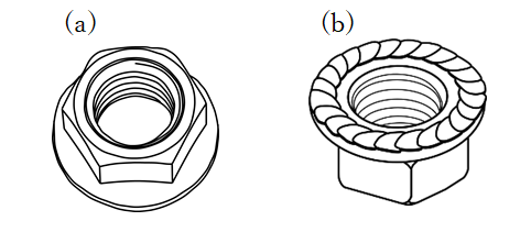 図1　(a) セレートなしフランジナット、(b) セレート付きフランジナット